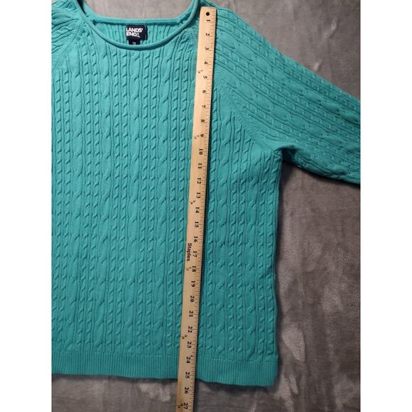 Lands End Women's 1XL Teal Cable Knit Cotton Sweater Drifter Rolled Neckline - Picture 4 of 11